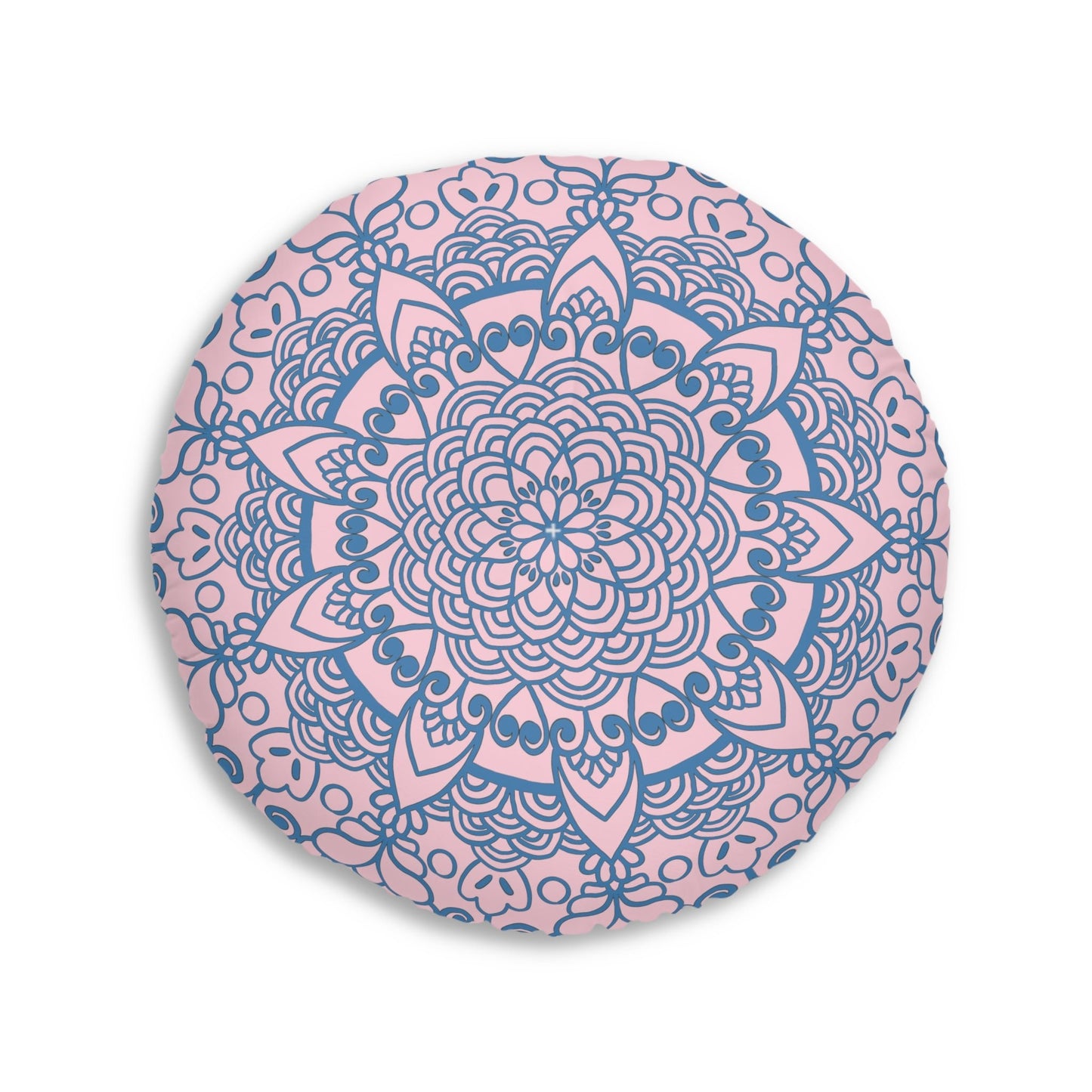 Floor Cushion Handmade Mandala Art - Steel Blue on Pastel Pink - Drawn by Hand - Tufted Floor Pillow, Round - Blululi