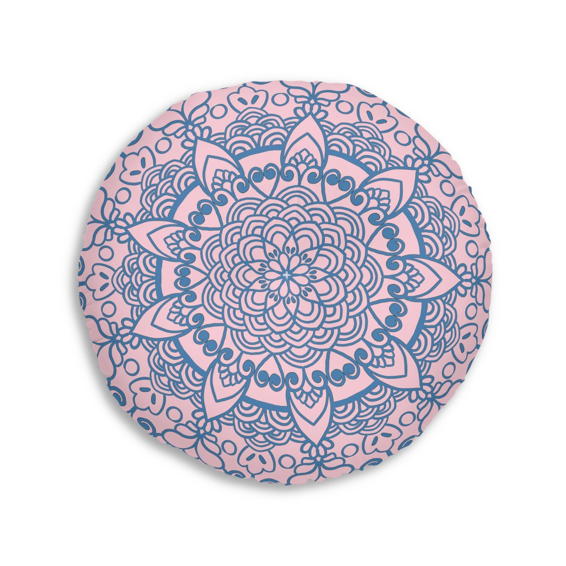 Floor Cushion Handmade Mandala Art - Steel Blue on Pastel Pink - Drawn by Hand - Tufted Floor Pillow, Round - Blululi