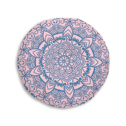 Floor Cushion Handmade Mandala Art - Steel Blue on Pastel Pink - Drawn by Hand - Tufted Floor Pillow, Round - Blululi