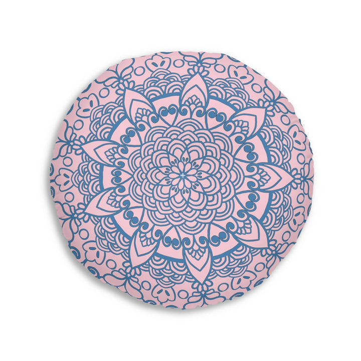 Floor Cushion Handmade Mandala Art - Steel Blue on Pastel Pink - Drawn by Hand - Tufted Floor Pillow, Round - Blululi