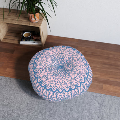 Floor Cushion Handmade Mandala Art - Steel Blue on Pastel Pink - Drawn by Hand - Tufted Floor Pillow, Round - Blululi