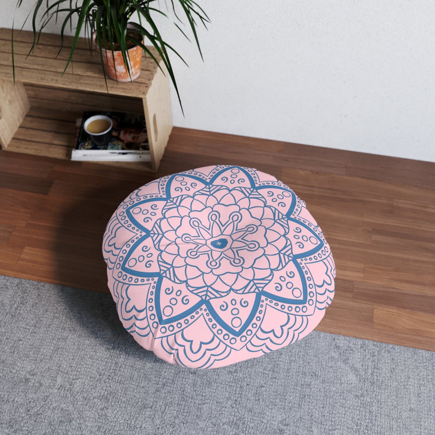 Floor Cushion Handmade Mandala Art - Steel Blue on Pastel Pink - Drawn by Hand - Tufted Floor Pillow, Round - Blululi