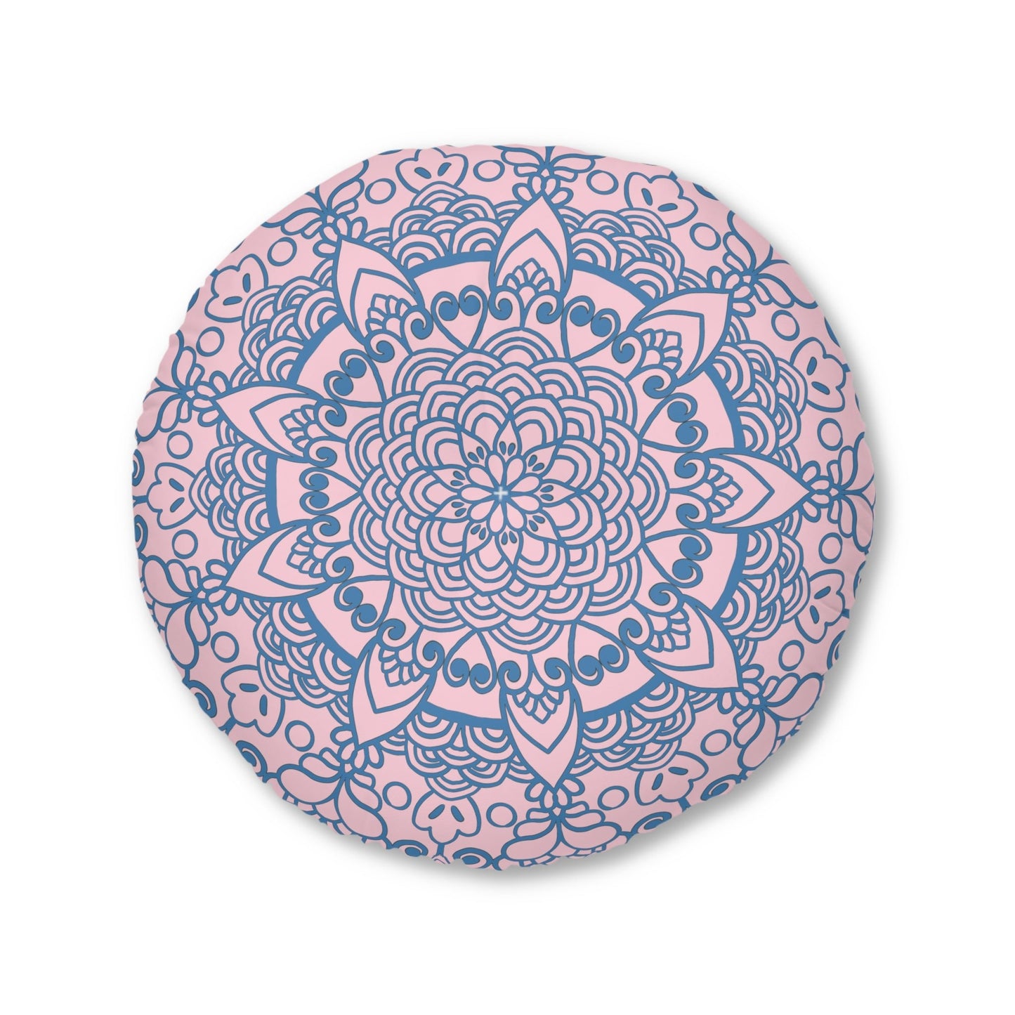 Floor Cushion Handmade Mandala Art - Steel Blue on Pastel Pink - Drawn by Hand - Tufted Floor Pillow, Round - Blululi