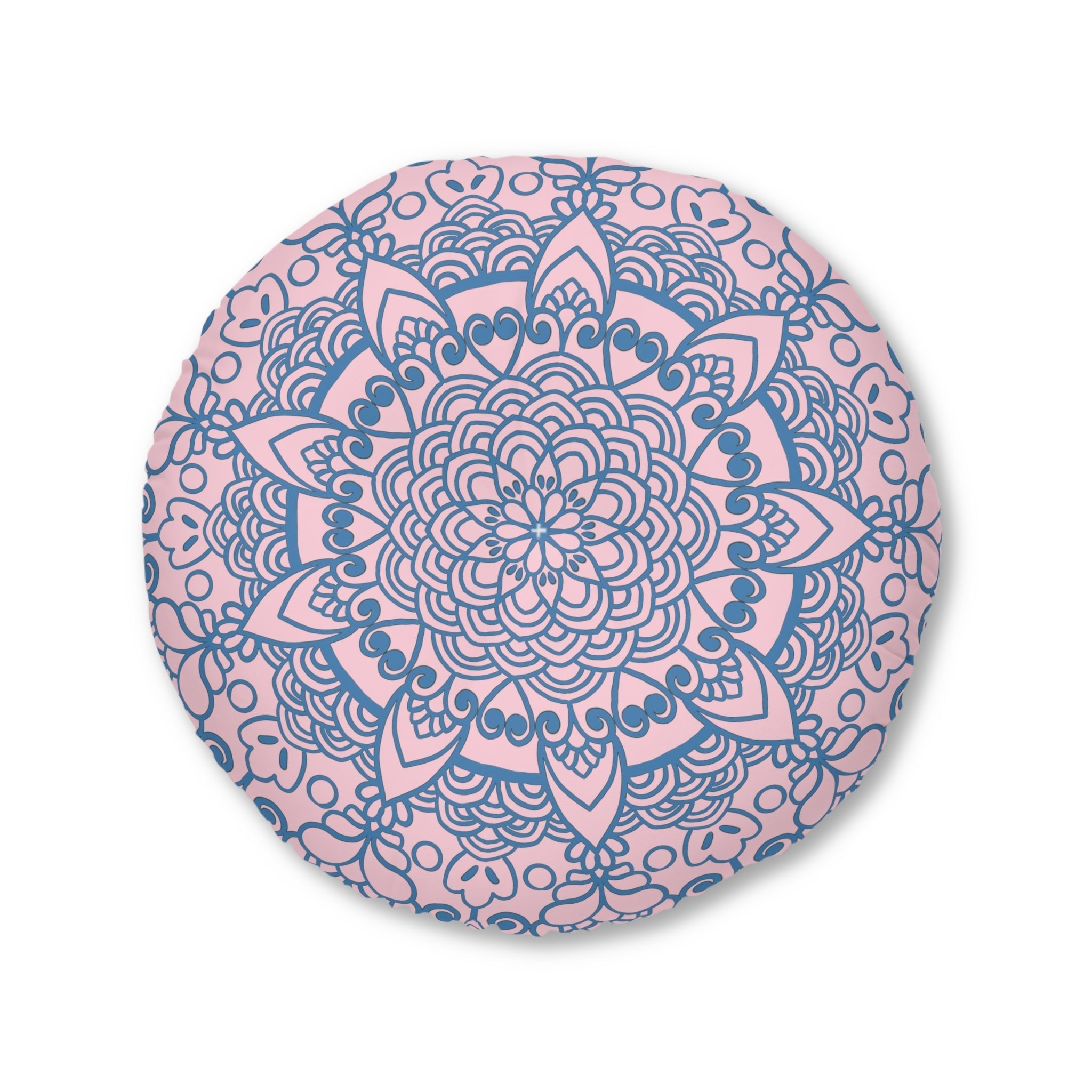 Floor Cushion Handmade Mandala Art - Steel Blue on Pastel Pink - Drawn by Hand - Tufted Floor Pillow, Round - Blululi