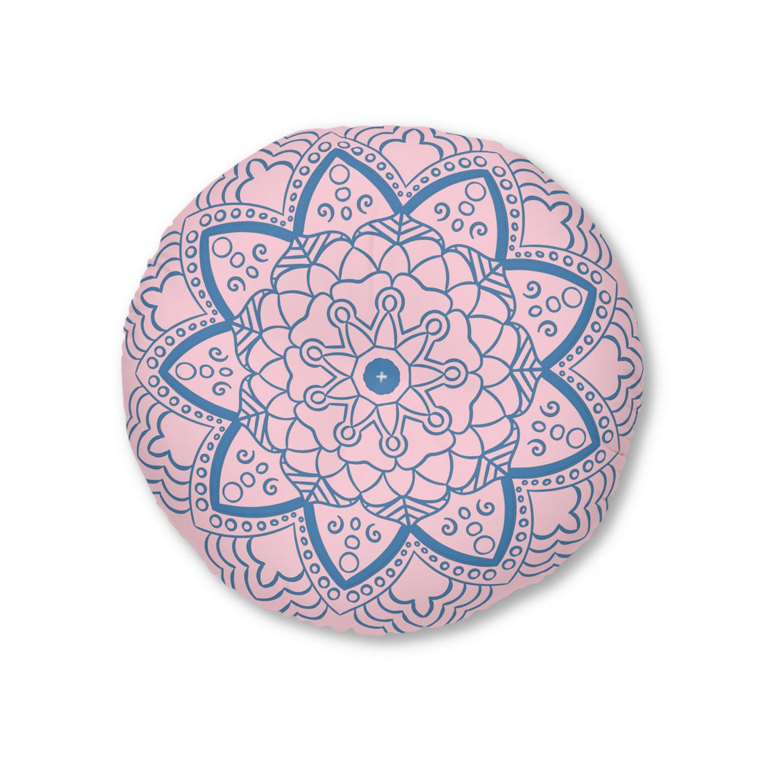 Floor Cushion Handmade Mandala Art - Steel Blue on Pastel Pink - Drawn by Hand - Tufted Floor Pillow, Round - Blululi