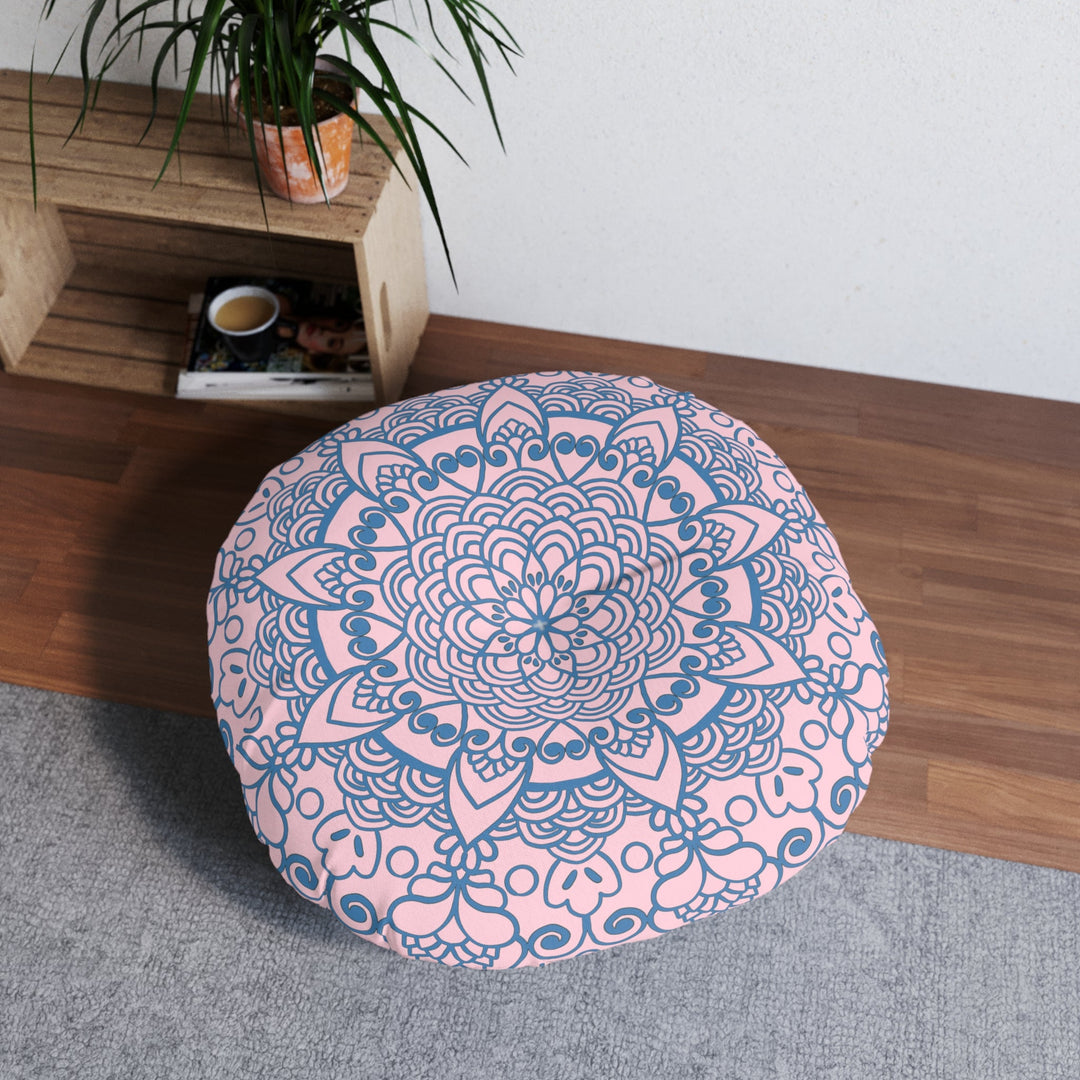 Floor Cushion Handmade Mandala Art - Steel Blue on Pastel Pink - Drawn by Hand - Tufted Floor Pillow, Round - Blululi