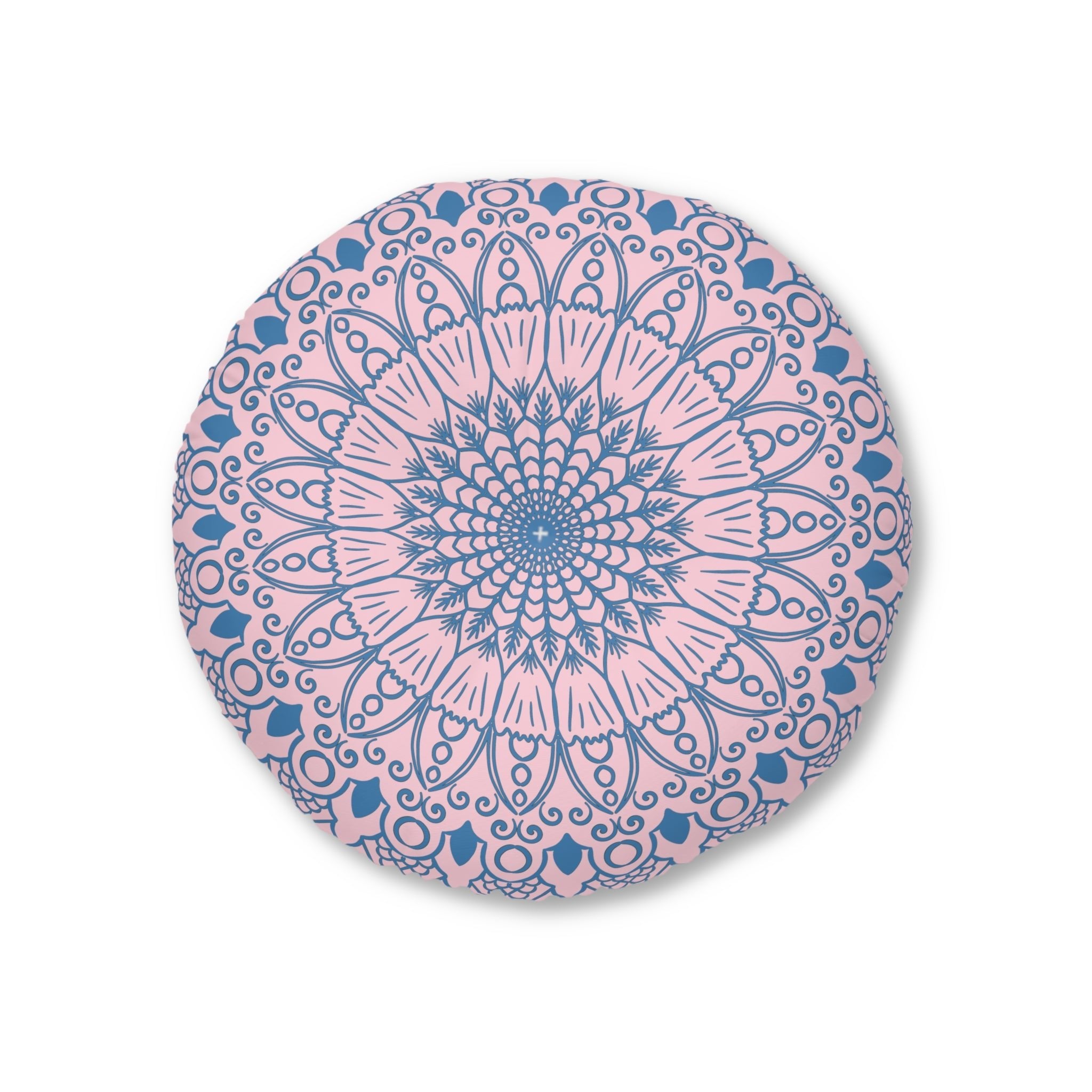 Floor Cushion Handmade Mandala Art - Steel Blue on Pastel Pink - Drawn by Hand - Tufted Floor Pillow, Round - Blululi