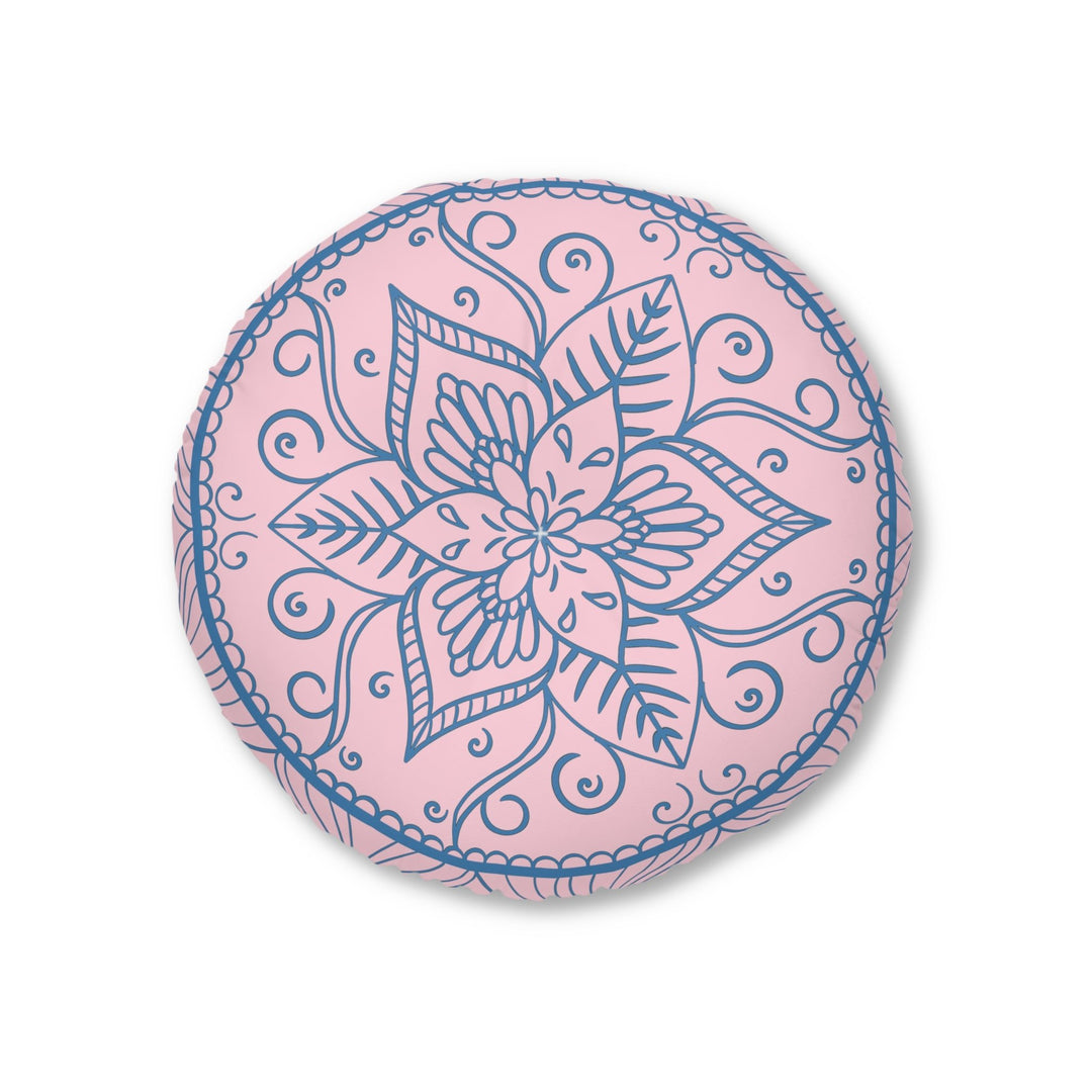 Floor Cushion Handmade Mandala Art - Steel Blue on Pastel Pink - Drawn by Hand - Tufted Floor Pillow, Round - Blululi