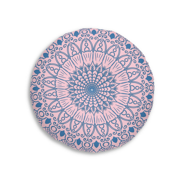 Floor Cushion Handmade Mandala Art - Steel Blue on Pastel Pink - Drawn by Hand - Tufted Floor Pillow, Round - Blululi