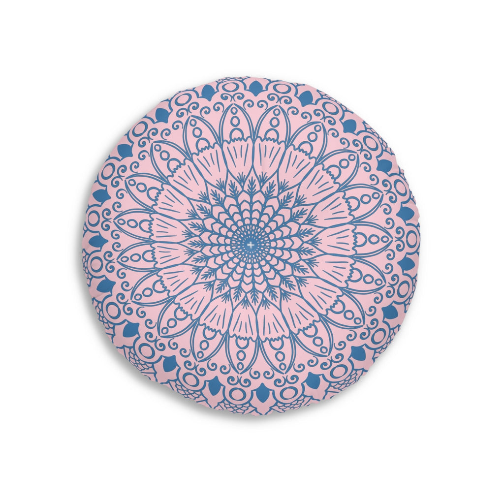 Floor Cushion Handmade Mandala Art - Steel Blue on Pastel Pink - Drawn by Hand - Tufted Floor Pillow, Round - Blululi