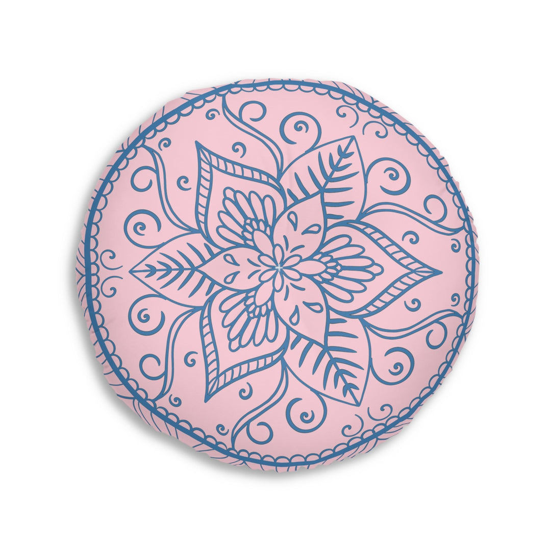 Floor Cushion Handmade Mandala Art - Steel Blue on Pastel Pink - Drawn by Hand - Tufted Floor Pillow, Round - Blululi