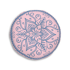 Floor Cushion Handmade Mandala Art - Steel Blue on Pastel Pink - Drawn by Hand - Tufted Floor Pillow, Round - Blululi