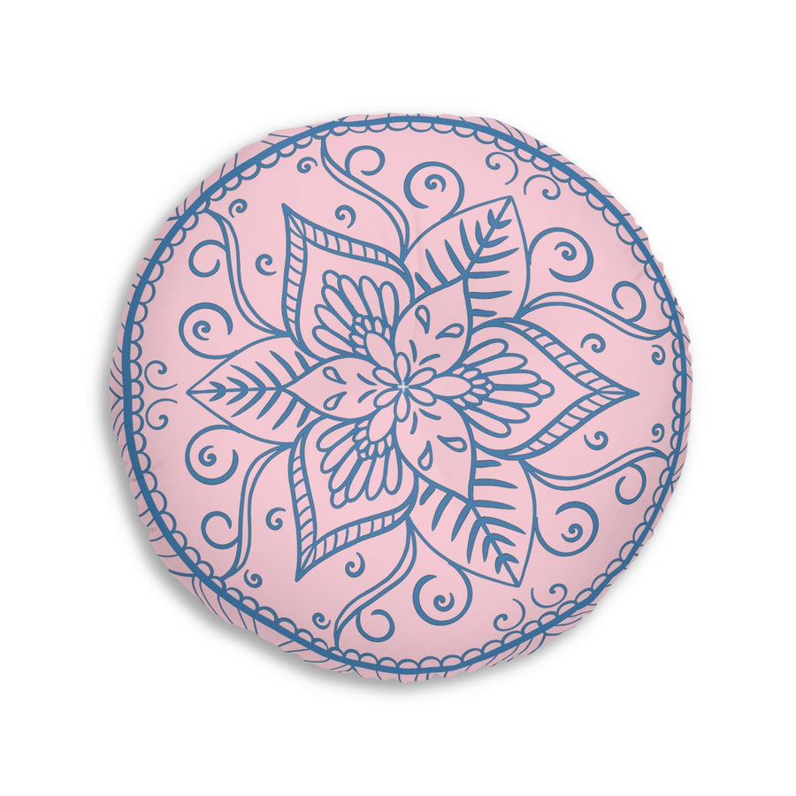 Floor Cushion Handmade Mandala Art - Steel Blue on Pastel Pink - Drawn by Hand - Tufted Floor Pillow, Round - Blululi
