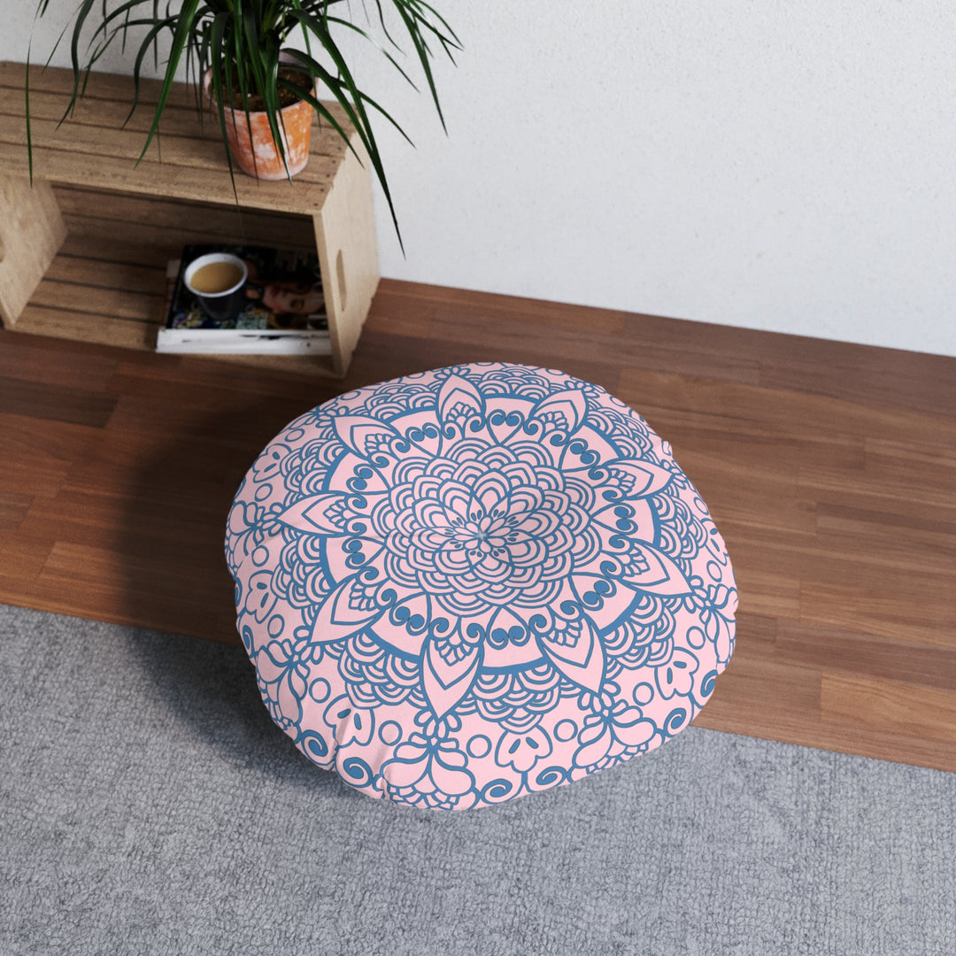 Floor Cushion Handmade Mandala Art - Steel Blue on Pastel Pink - Drawn by Hand - Tufted Floor Pillow, Round - Blululi