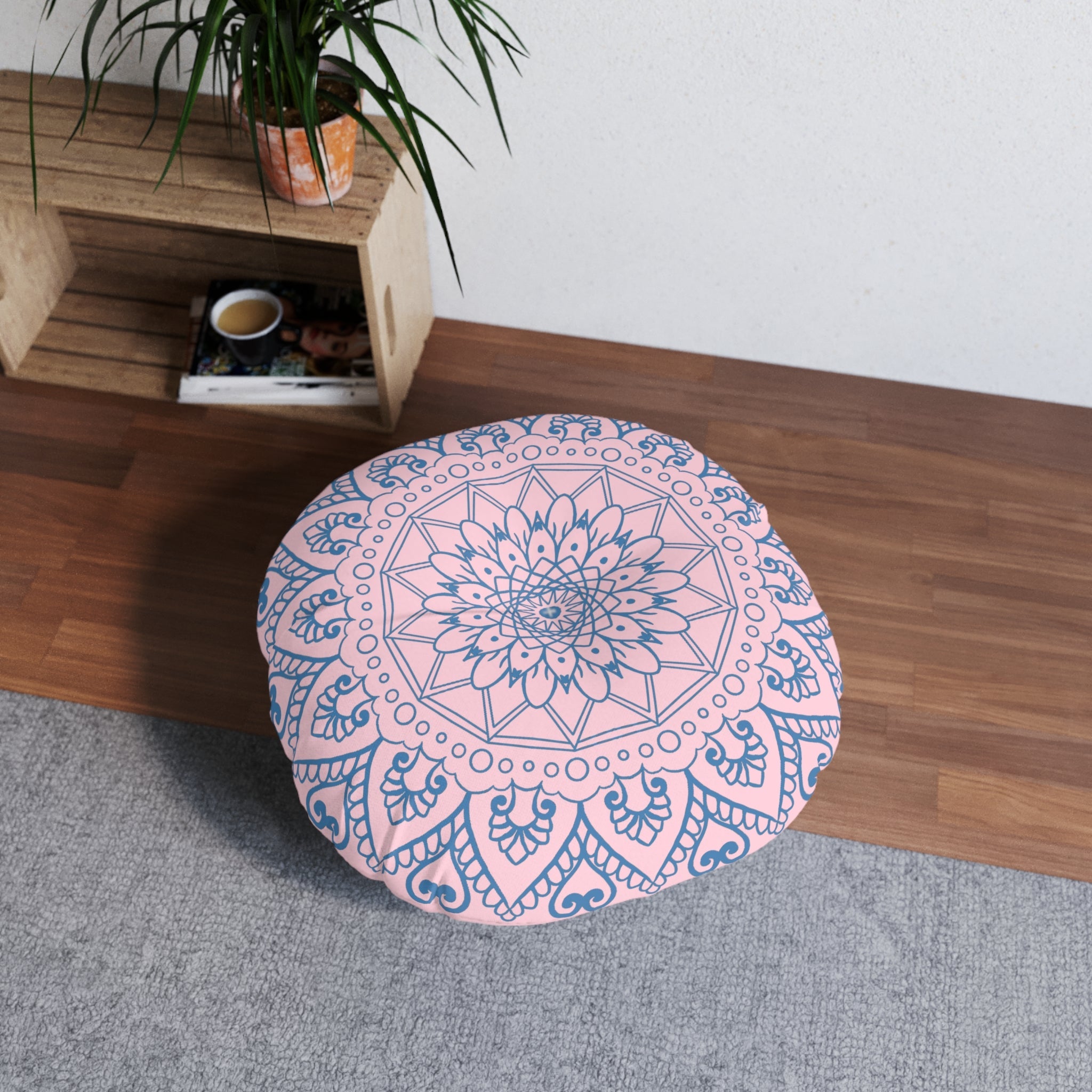 Floor Cushion Handmade Mandala Art - Steel Blue on Pastel Pink - Drawn by Hand - Tufted Floor Pillow, Round - Blululi