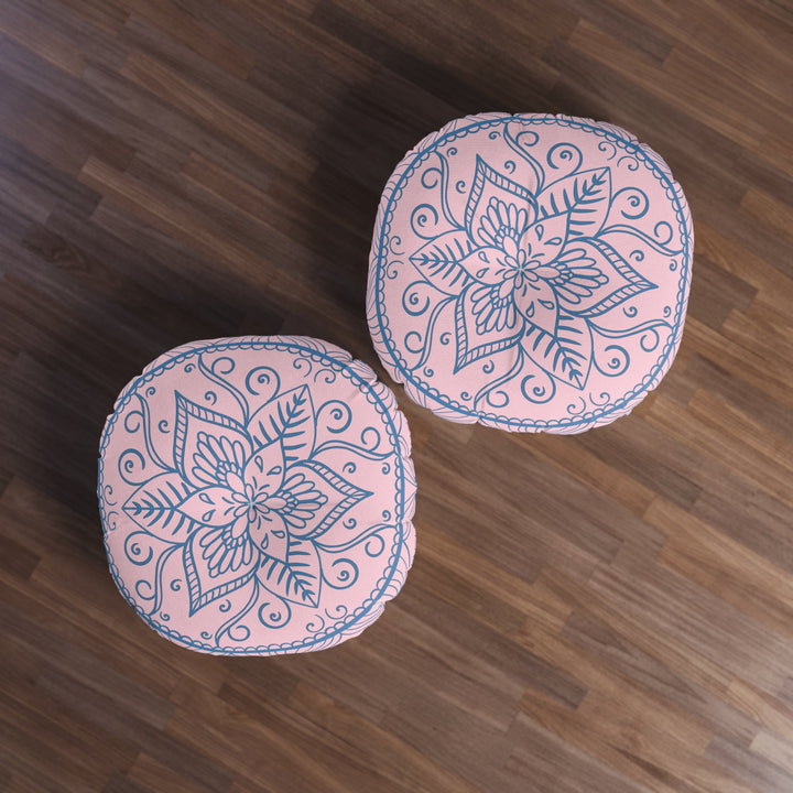 Floor Cushion Handmade Mandala Art - Steel Blue on Pastel Pink - Drawn by Hand - Tufted Floor Pillow, Round - Blululi