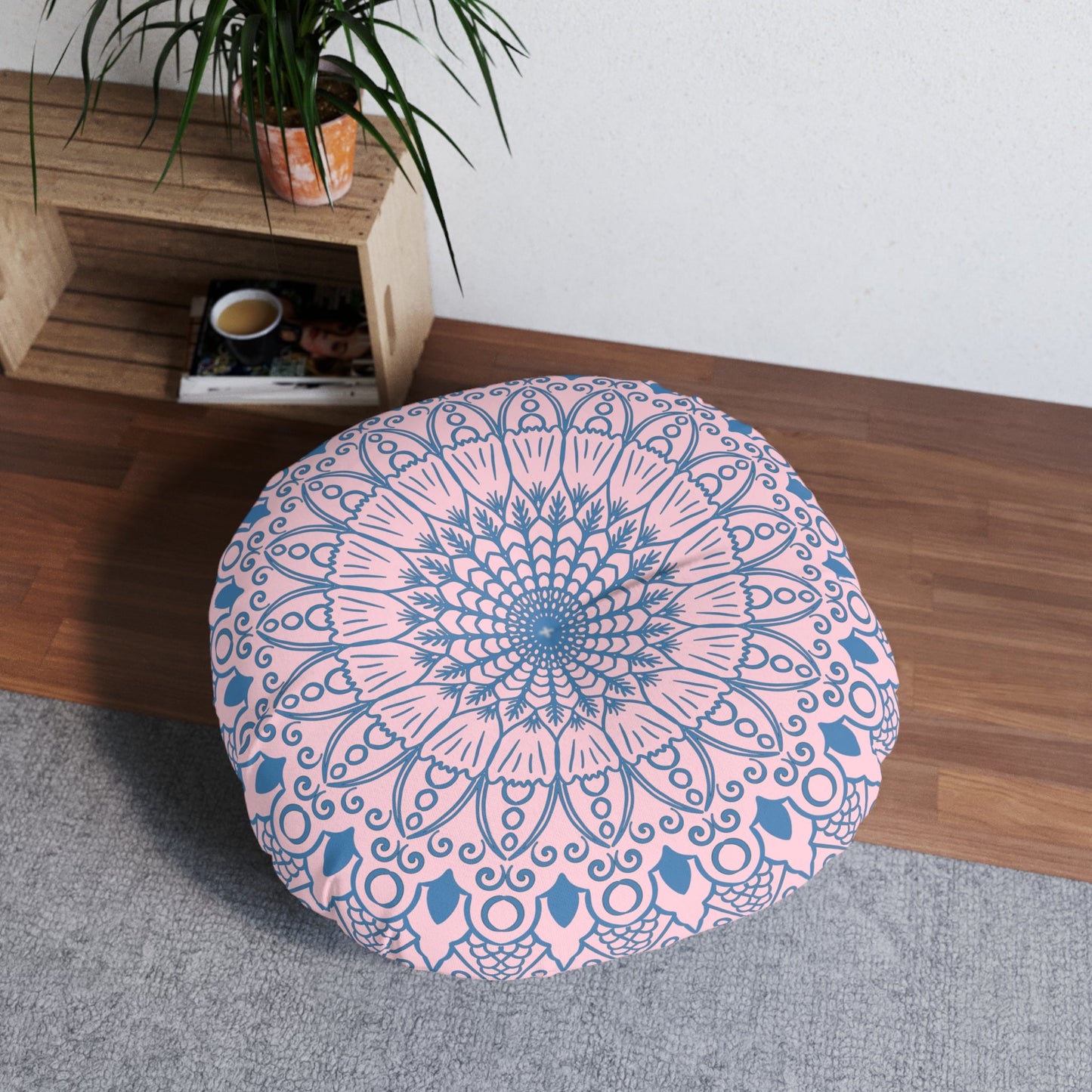 Floor Cushion Handmade Mandala Art - Steel Blue on Pastel Pink - Drawn by Hand - Tufted Floor Pillow, Round - Blululi