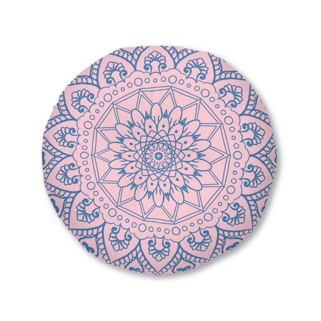 Floor Cushion Handmade Mandala Art - Steel Blue on Pastel Pink - Drawn by Hand - Tufted Floor Pillow, Round - Blululi