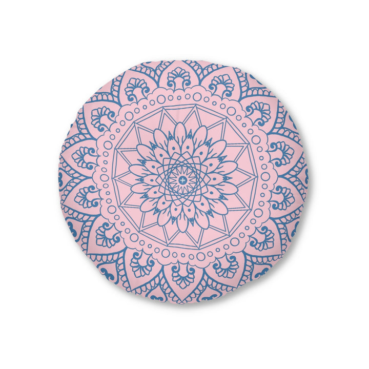 Floor Cushion Handmade Mandala Art - Steel Blue on Pastel Pink - Drawn by Hand - Tufted Floor Pillow, Round - Blululi