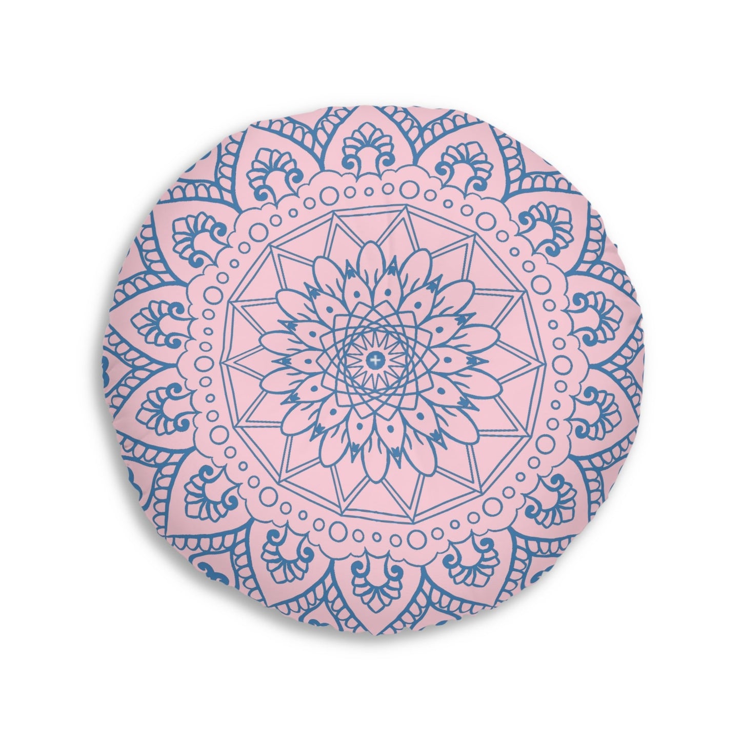 Floor Cushion Handmade Mandala Art - Steel Blue on Pastel Pink - Drawn by Hand - Tufted Floor Pillow, Round - Blululi