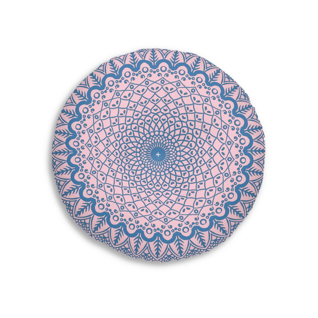 Floor Cushion Handmade Mandala Art - Steel Blue on Pastel Pink - Drawn by Hand - Tufted Floor Pillow, Round - Blululi