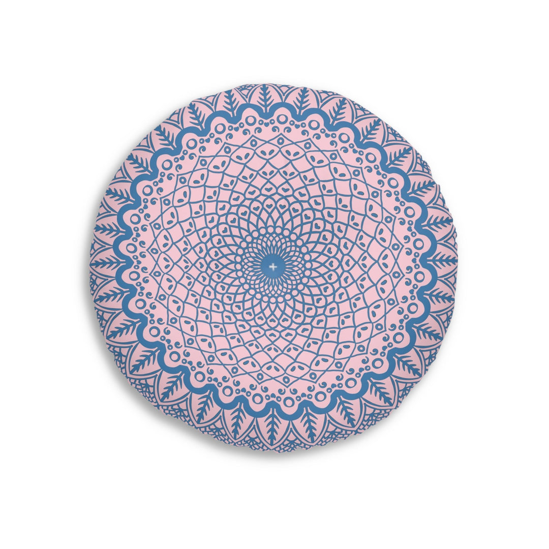 Floor Cushion Handmade Mandala Art - Steel Blue on Pastel Pink - Drawn by Hand - Tufted Floor Pillow, Round - Blululi