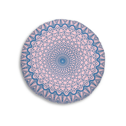 Floor Cushion Handmade Mandala Art - Steel Blue on Pastel Pink - Drawn by Hand - Tufted Floor Pillow, Round - Blululi