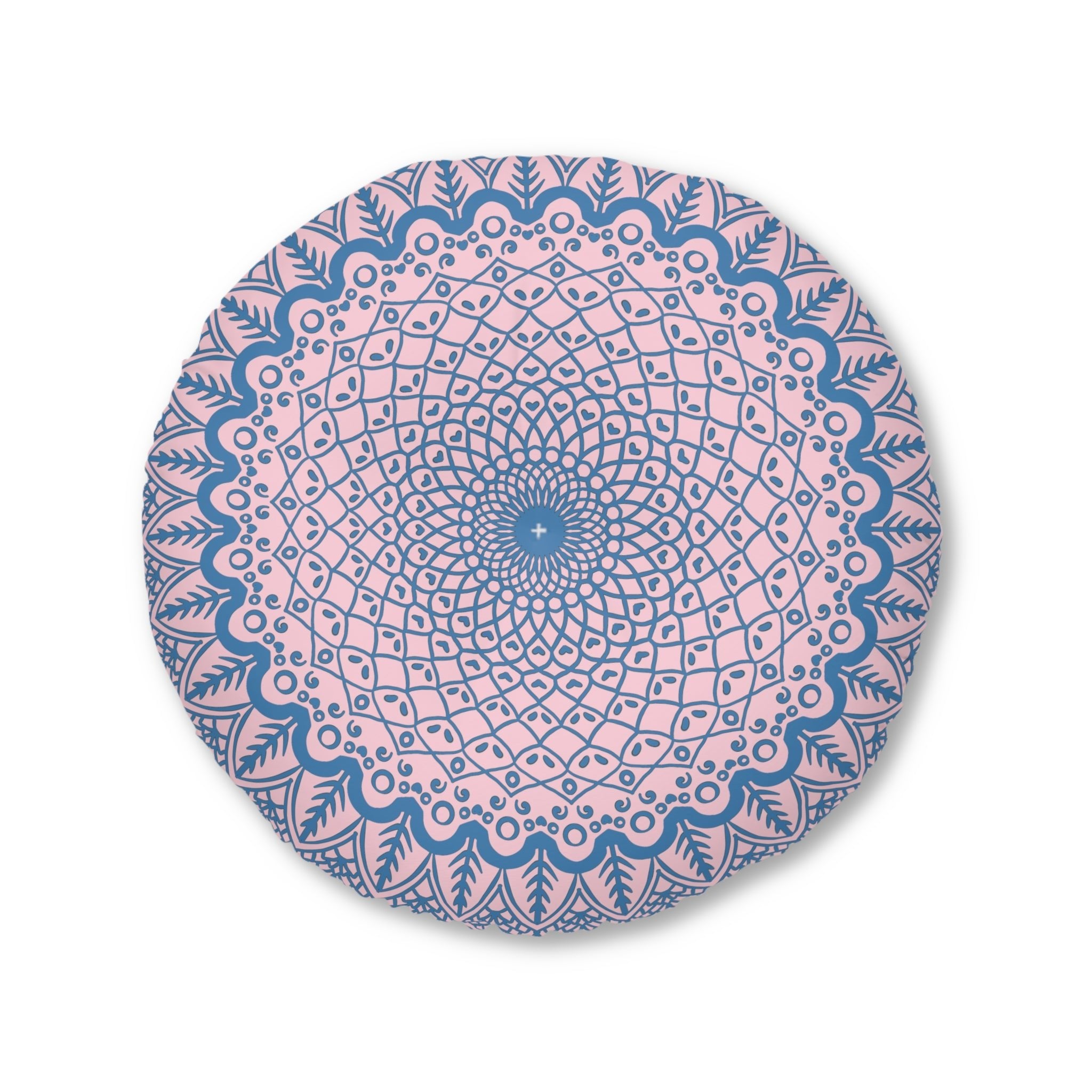 Floor Cushion Handmade Mandala Art - Steel Blue on Pastel Pink - Drawn by Hand - Tufted Floor Pillow, Round - Blululi