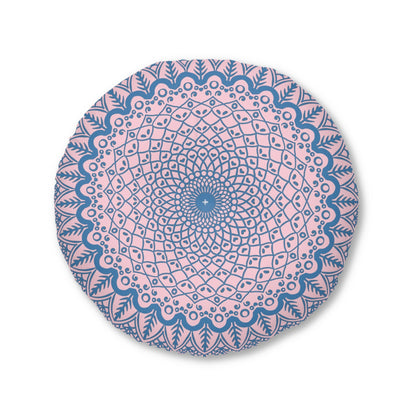 Floor Cushion Handmade Mandala Art - Steel Blue on Pastel Pink - Drawn by Hand - Tufted Floor Pillow, Round - Blululi