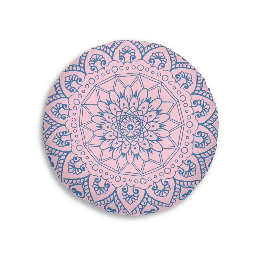 Floor Cushion Handmade Mandala Art - Steel Blue on Pastel Pink - Drawn by Hand - Tufted Floor Pillow, Round - Blululi