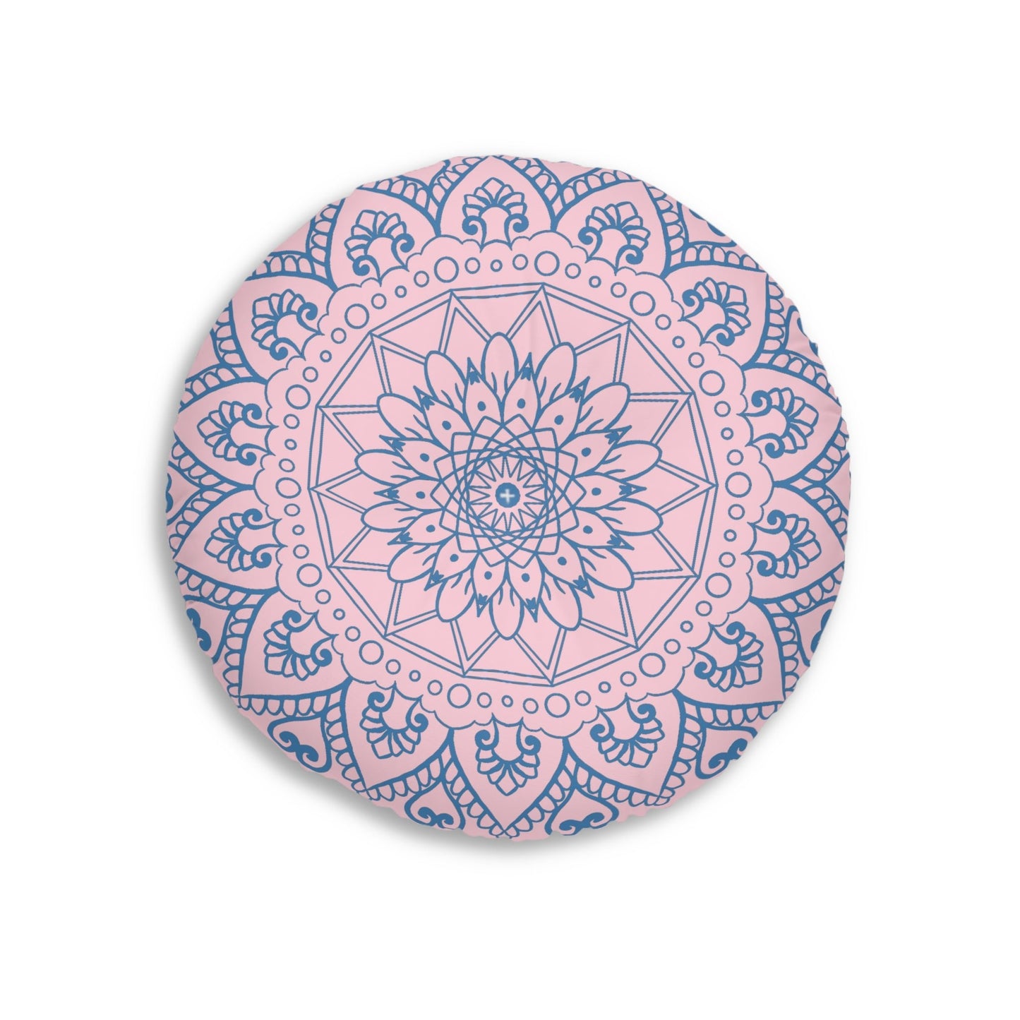 Floor Cushion Handmade Mandala Art - Steel Blue on Pastel Pink - Drawn by Hand - Tufted Floor Pillow, Round - Blululi