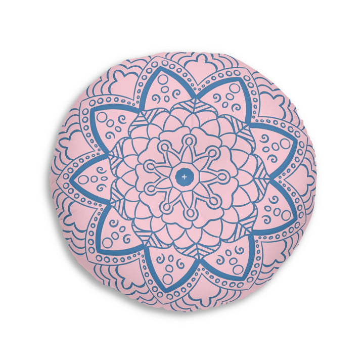 Floor Cushion Handmade Mandala Art - Steel Blue on Pastel Pink - Drawn by Hand - Tufted Floor Pillow, Round - Blululi