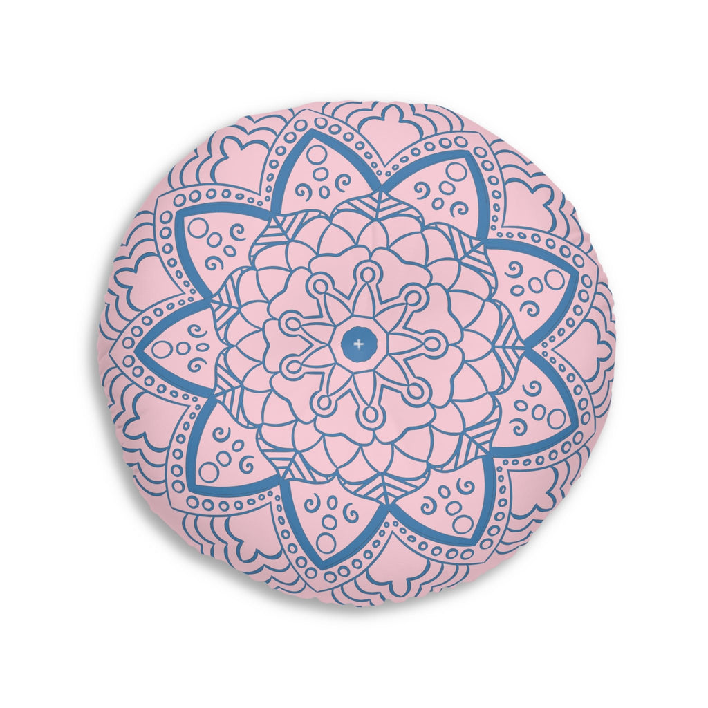 Floor Cushion Handmade Mandala Art - Steel Blue on Pastel Pink - Drawn by Hand - Tufted Floor Pillow, Round - Blululi