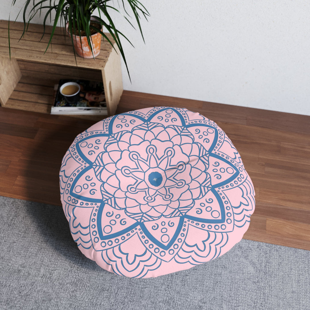 Floor Cushion Handmade Mandala Art - Steel Blue on Pastel Pink - Drawn by Hand - Tufted Floor Pillow, Round - Blululi