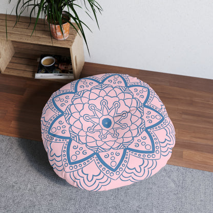 Floor Cushion Handmade Mandala Art - Steel Blue on Pastel Pink - Drawn by Hand - Tufted Floor Pillow, Round - Blululi