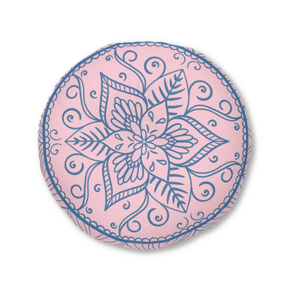 Floor Cushion Handmade Mandala Art - Steel Blue on Pastel Pink - Drawn by Hand - Tufted Floor Pillow, Round - Blululi