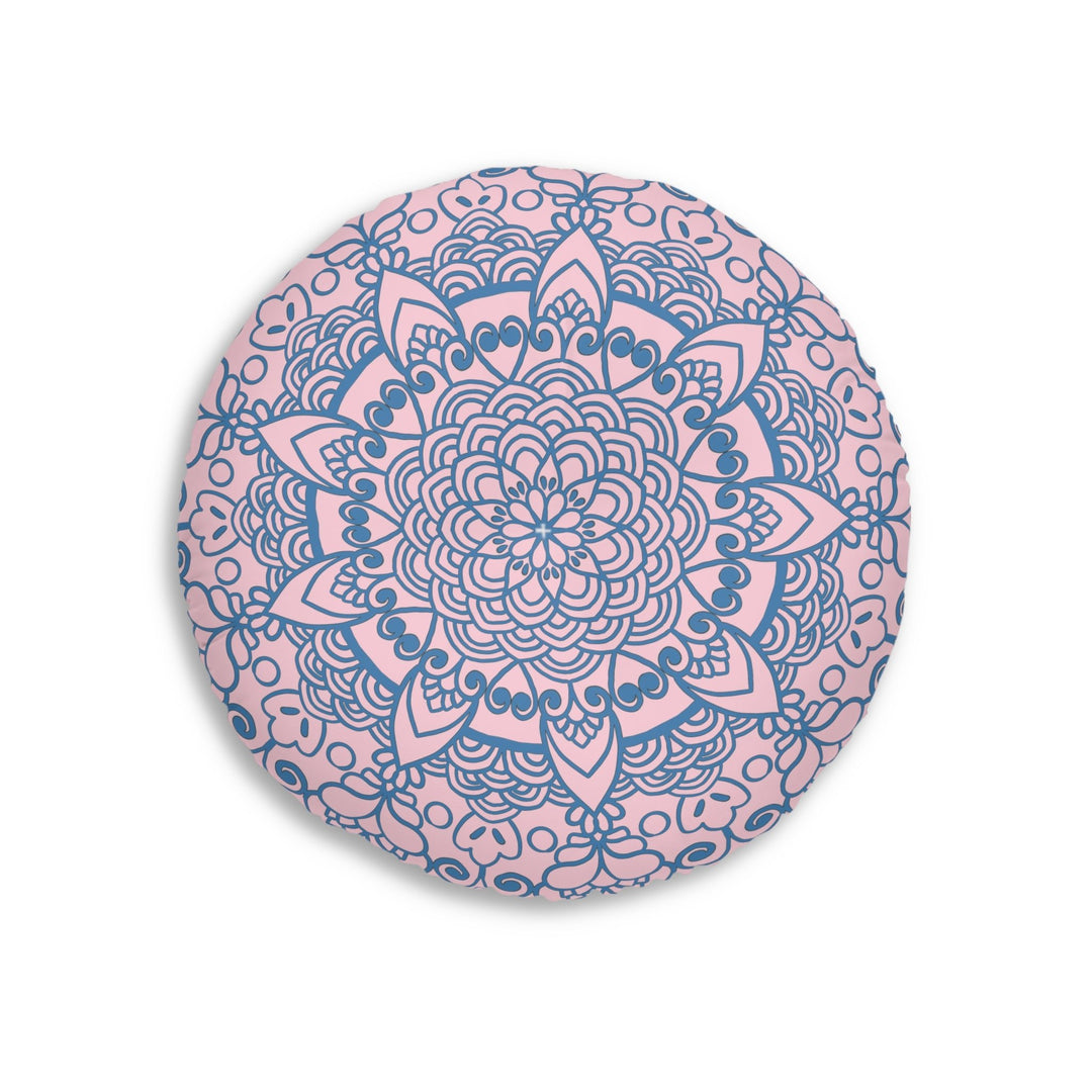 Floor Cushion Handmade Mandala Art - Steel Blue on Pastel Pink - Drawn by Hand - Tufted Floor Pillow, Round - Blululi