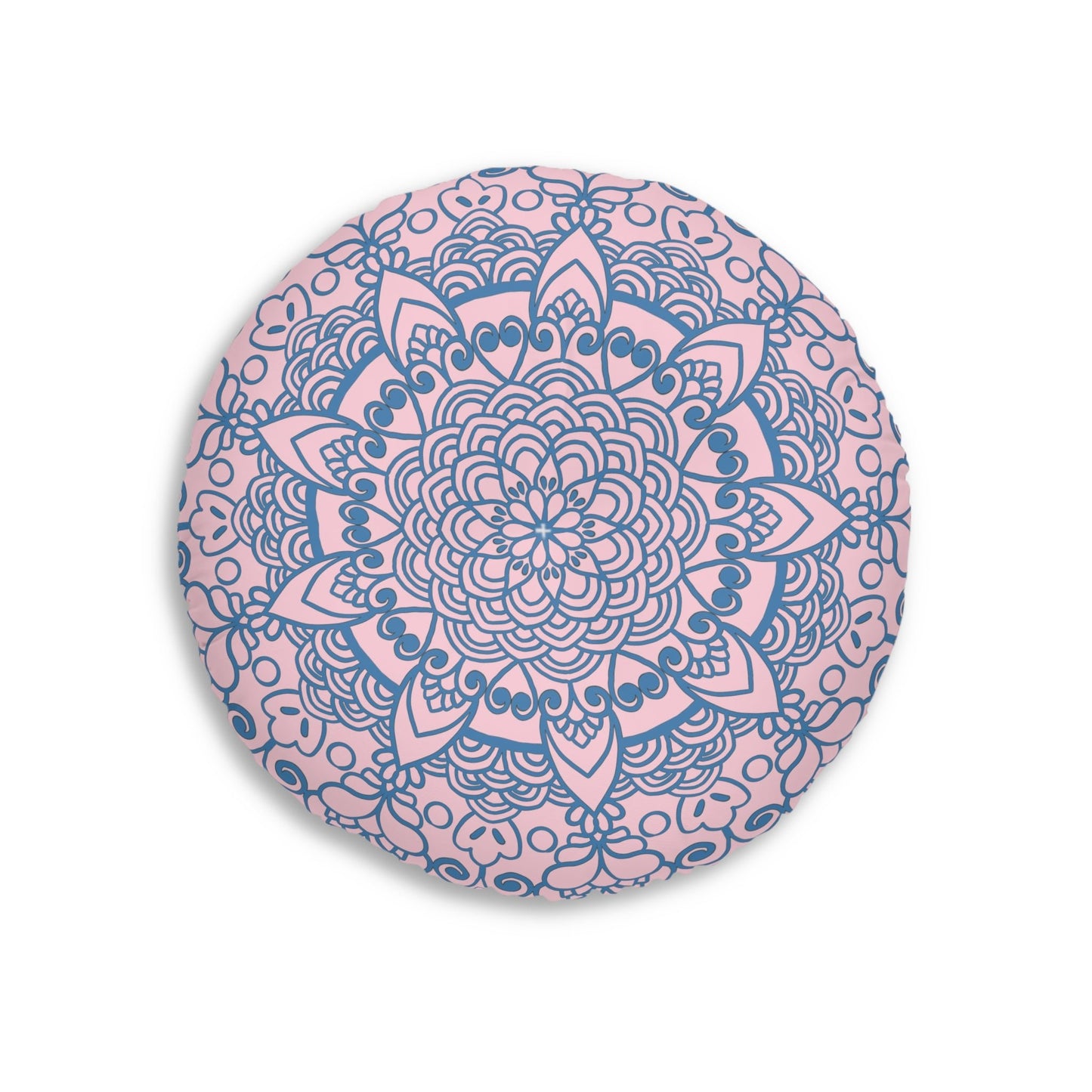 Floor Cushion Handmade Mandala Art - Steel Blue on Pastel Pink - Drawn by Hand - Tufted Floor Pillow, Round - Blululi