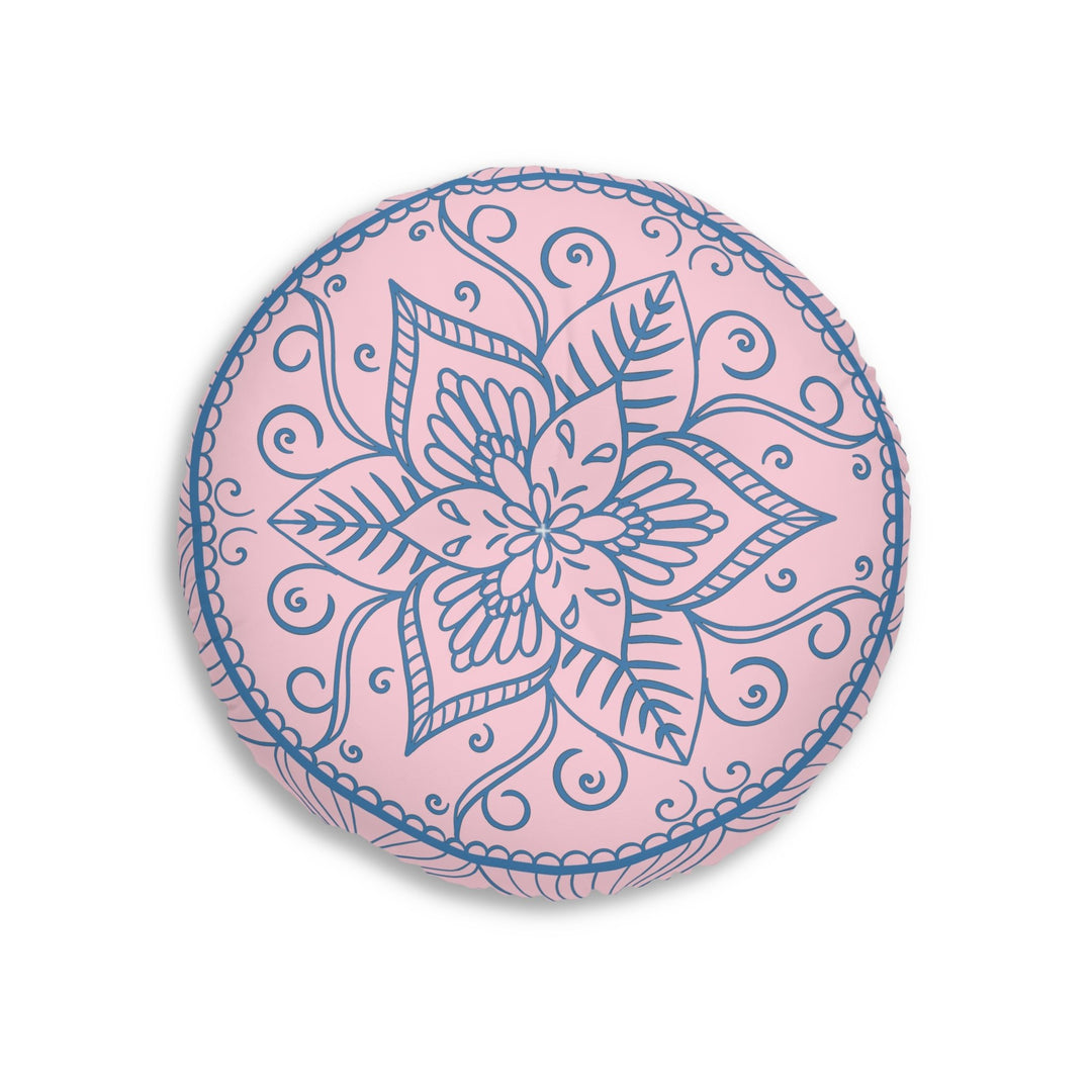 Floor Cushion Handmade Mandala Art - Steel Blue on Pastel Pink - Drawn by Hand - Tufted Floor Pillow, Round - Blululi