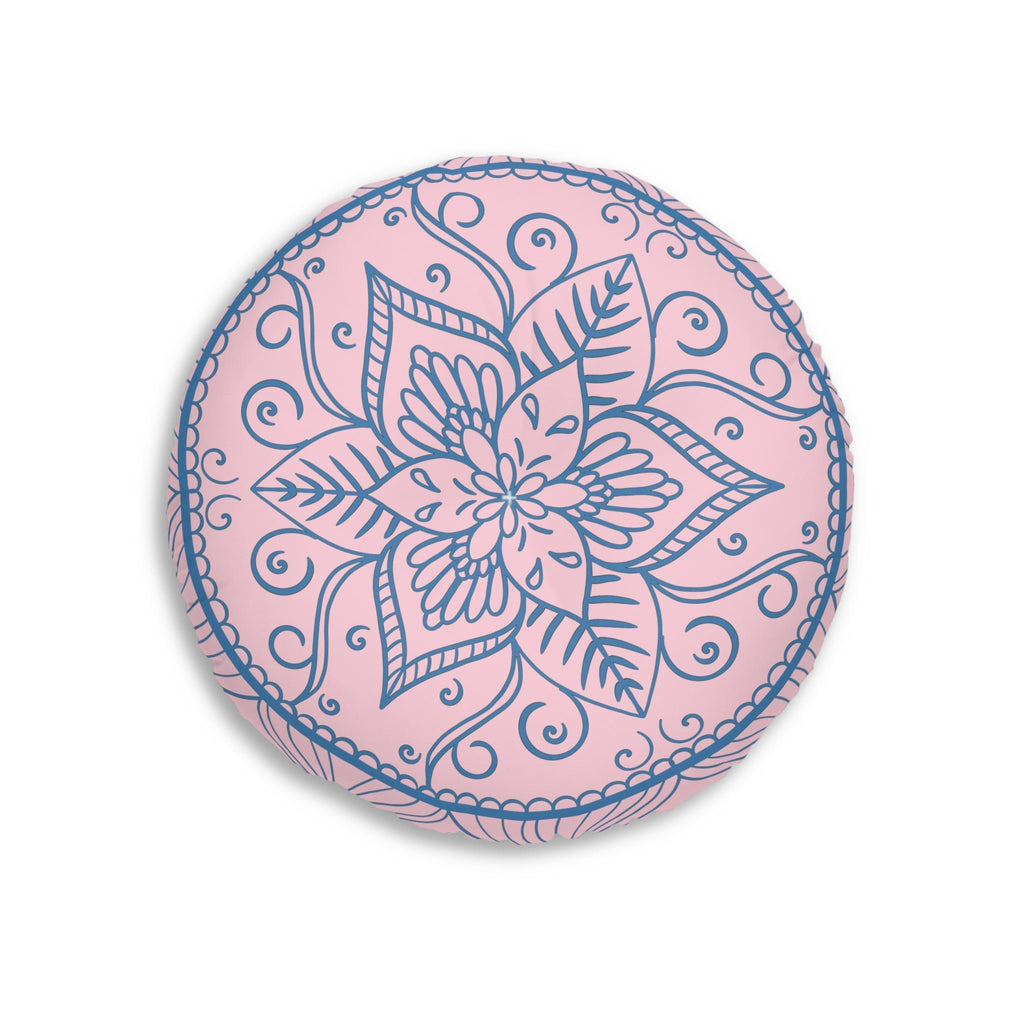 Floor Cushion Handmade Mandala Art - Steel Blue on Pastel Pink - Drawn by Hand - Tufted Floor Pillow, Round - Blululi