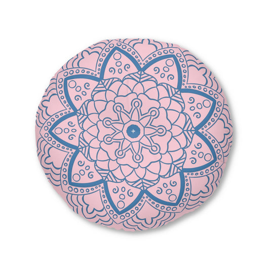 Floor Cushion Handmade Mandala Art - Steel Blue on Pastel Pink - Drawn by Hand - Tufted Floor Pillow, Round - Blululi