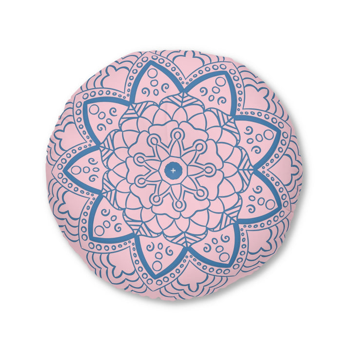 Floor Cushion Handmade Mandala Art - Steel Blue on Pastel Pink - Drawn by Hand - Tufted Floor Pillow, Round - Blululi