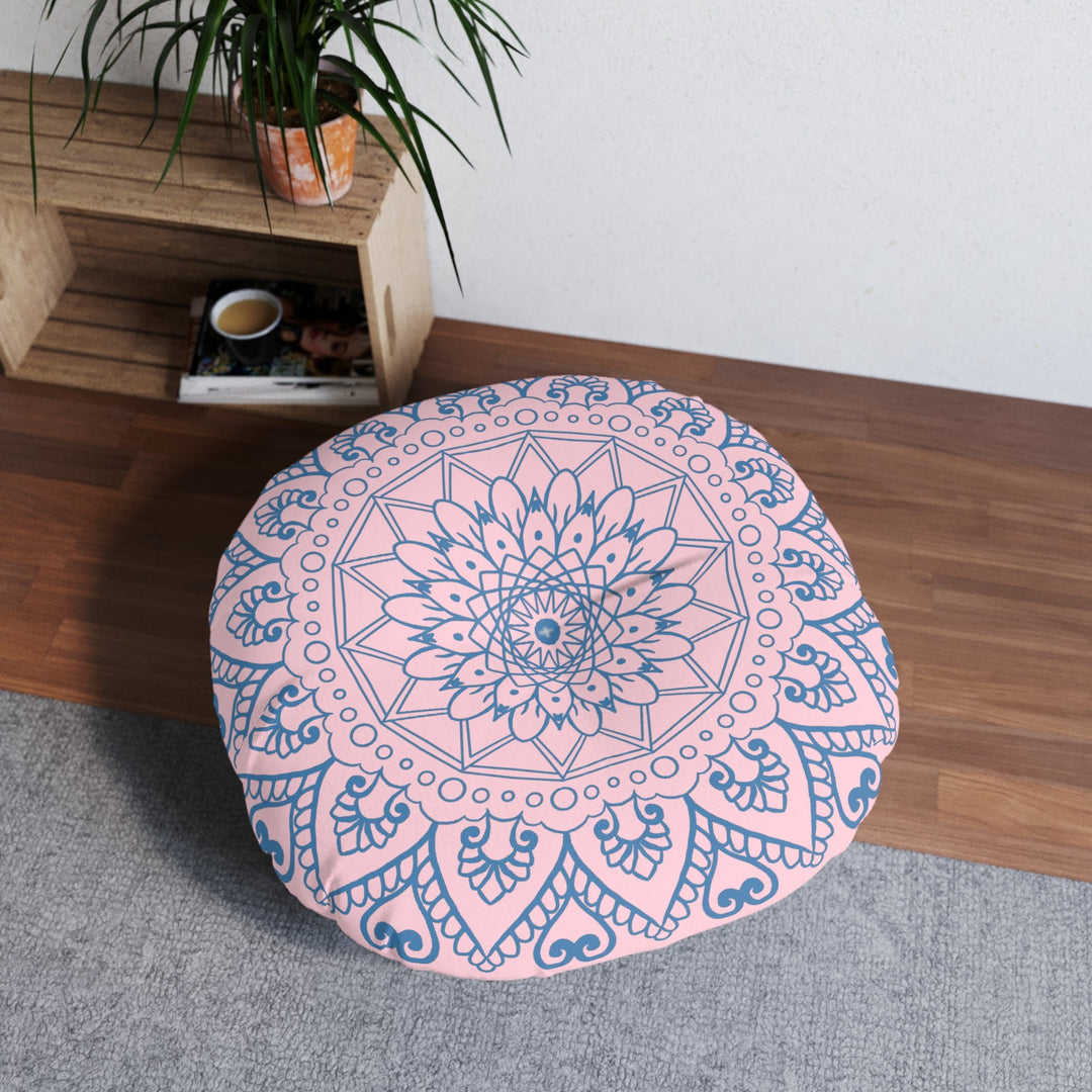 Floor Cushion Handmade Mandala Art - Steel Blue on Pastel Pink - Drawn by Hand - Tufted Floor Pillow, Round - Blululi