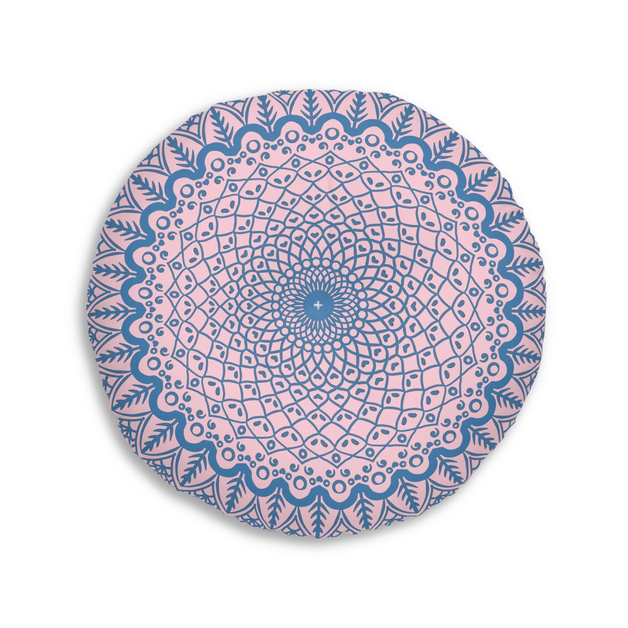 Floor Cushion Handmade Mandala Art - Steel Blue on Pastel Pink - Drawn by Hand - Tufted Floor Pillow, Round - Blululi