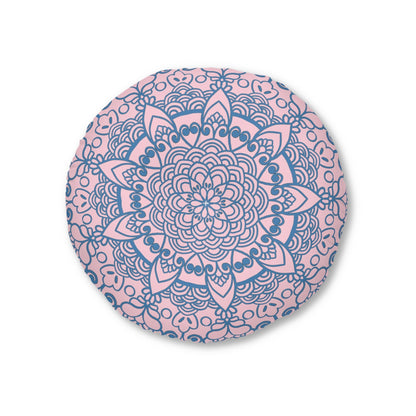 Floor Cushion Handmade Mandala Art - Steel Blue on Pastel Pink - Drawn by Hand - Tufted Floor Pillow, Round - Blululi