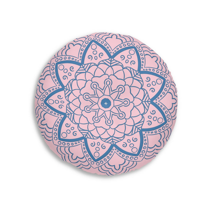 Floor Cushion Handmade Mandala Art - Steel Blue on Pastel Pink - Drawn by Hand - Tufted Floor Pillow, Round - Blululi