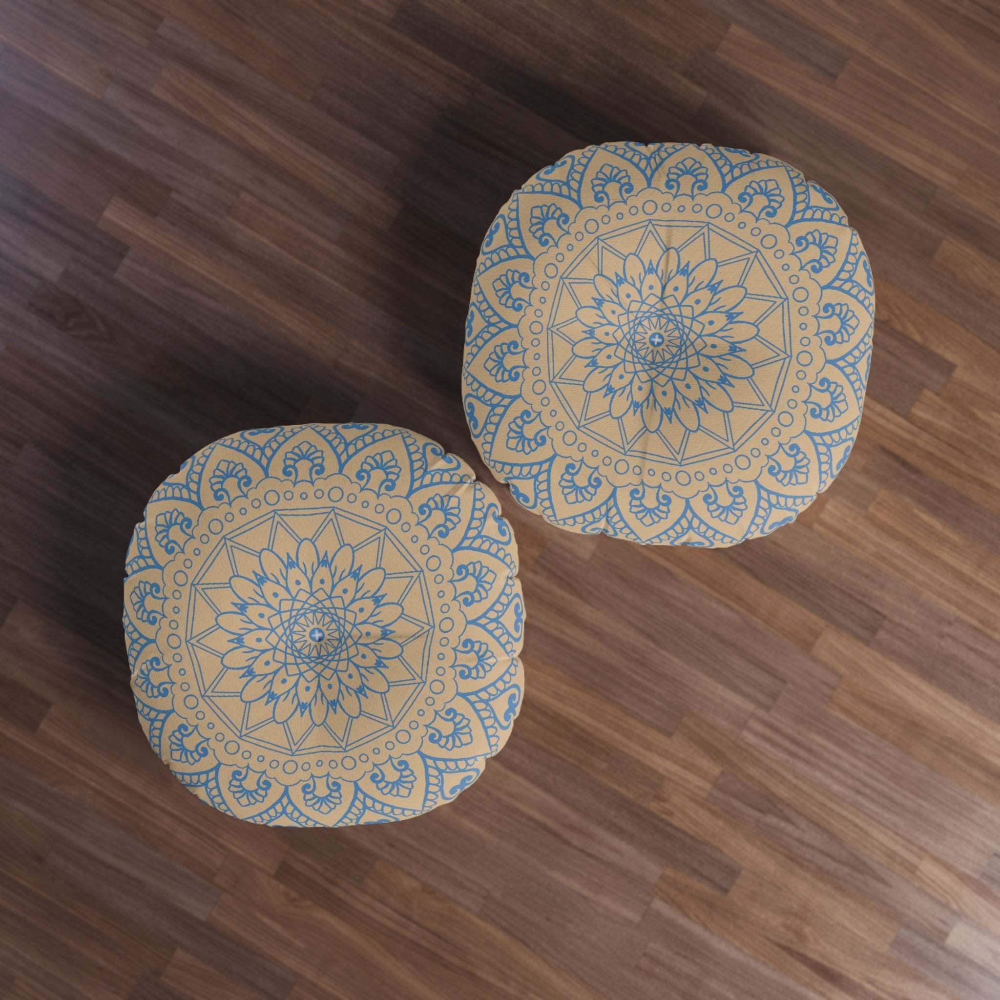 Floor Cushion Handmade Mandala Art - Steel Blue on Tan background - Drawn by Hand - Tufted Floor Pillow, Round - Blululi