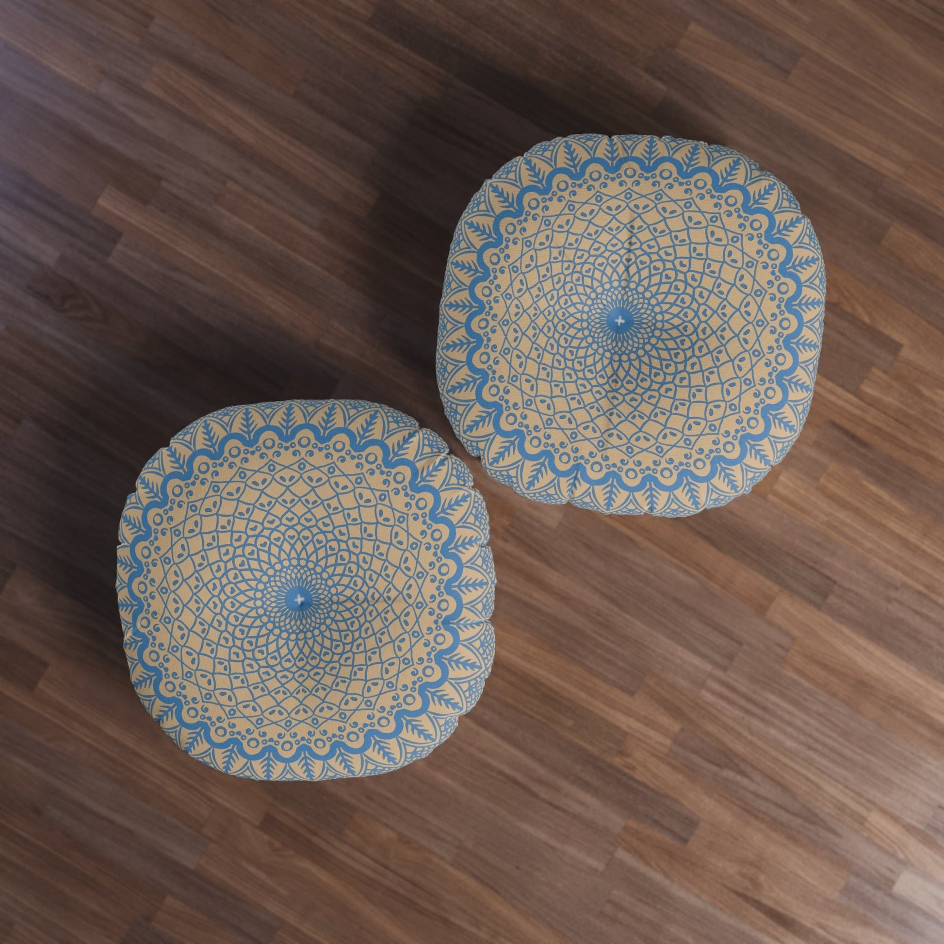 Floor Cushion Handmade Mandala Art - Steel Blue on Tan background - Drawn by Hand - Tufted Floor Pillow, Round - Blululi