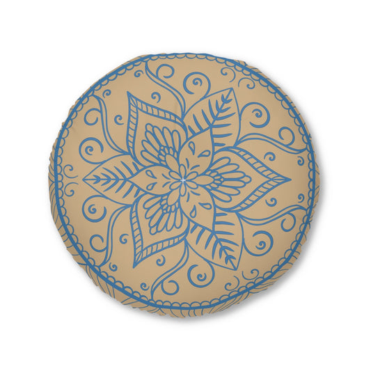 Floor Cushion Handmade Mandala Art - Steel Blue on Tan background - Drawn by Hand - Tufted Floor Pillow, Round - Blululi