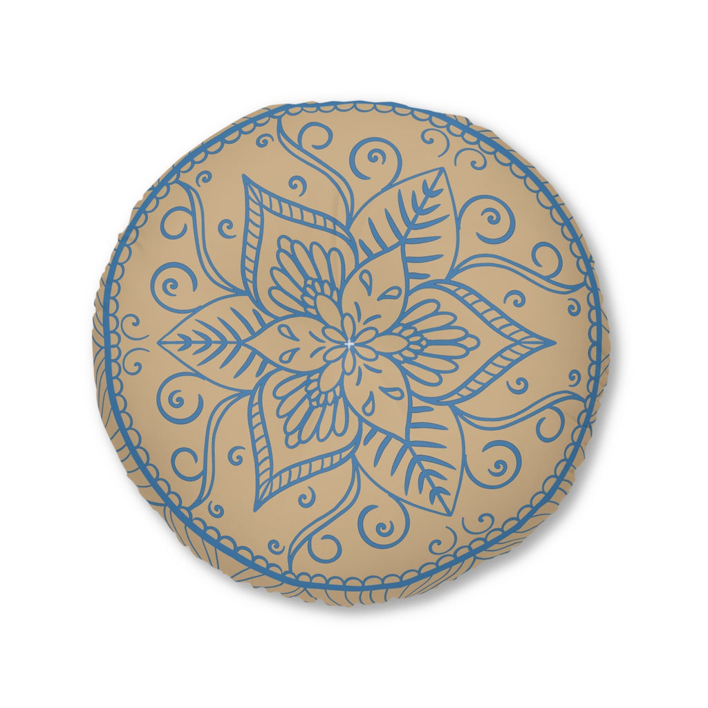 Floor Cushion Handmade Mandala Art - Steel Blue on Tan background - Drawn by Hand - Tufted Floor Pillow, Round - Blululi